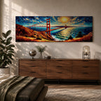 A long panoramic painting of the Golden Gate Bridge stretching across San Francisco Bay with vivid palette knife textures. The red suspension bridge rises between coastal hills while sunlight reflects across the water beneath a swirling sky of deep blues and warm yellows in an expressive impressionist landscape.