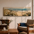 A long panoramic coastal painting showing sandy dunes covered with wild grasses and small white flowers overlooking a calm ocean shoreline. Soft waves roll toward the beach beneath a pale blue sky while textured brush strokes create a peaceful seascape landscape stretching across a wide horizontal composition.