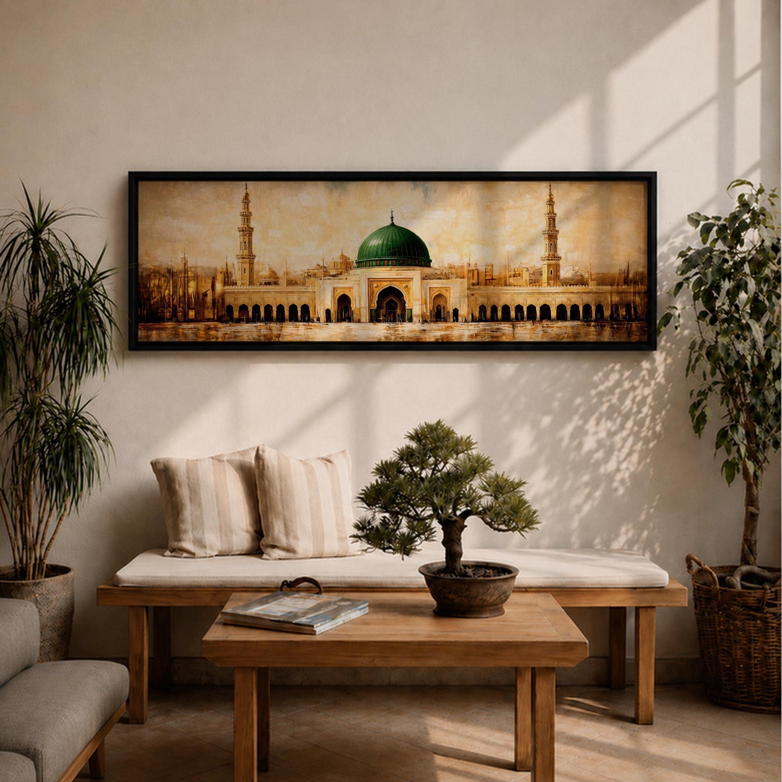 A long panoramic painting of the Prophet’s Mosque in Medina featuring the iconic green dome centered above grand archways and courtyards. Tall minarets rise on both sides while warm golden tones and textured brush strokes depict the historic Islamic mosque complex in a wide horizontal architectural composition.