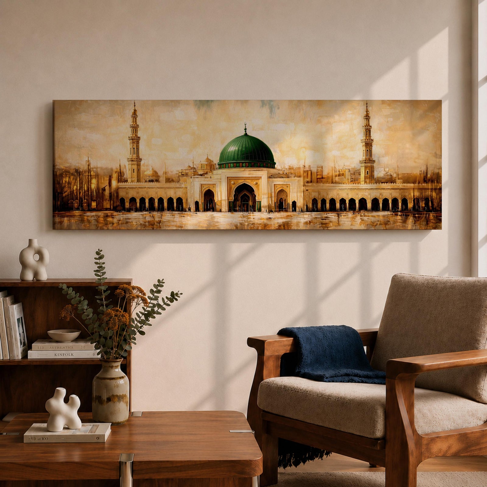 A long panoramic painting of the Prophet’s Mosque in Medina featuring the iconic green dome centered above grand archways and courtyards. Tall minarets rise on both sides while warm golden tones and textured brush strokes depict the historic Islamic mosque complex in a wide horizontal architectural composition.