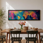 A long panoramic abstract world map painted with swirling fluid colors including vivid pink, turquoise blue, deep navy, and golden yellow. Continents emerge through marbled brush textures and flowing paint patterns, forming a modern global atlas composition across a wide horizontal canvas.