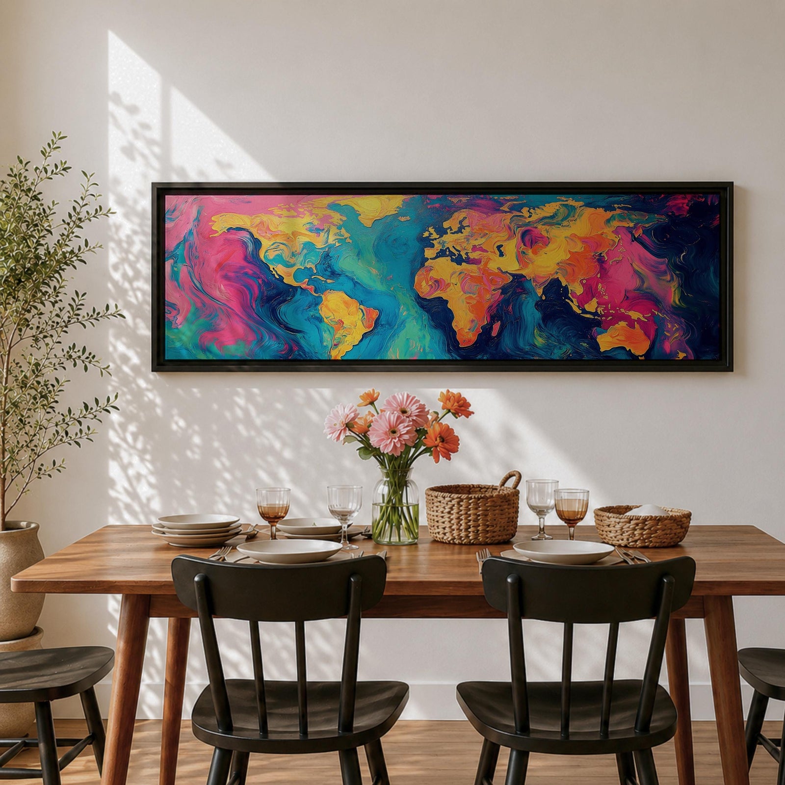 A long panoramic abstract world map painted with swirling fluid colors including vivid pink, turquoise blue, deep navy, and golden yellow. Continents emerge through marbled brush textures and flowing paint patterns, forming a modern global atlas composition across a wide horizontal canvas.