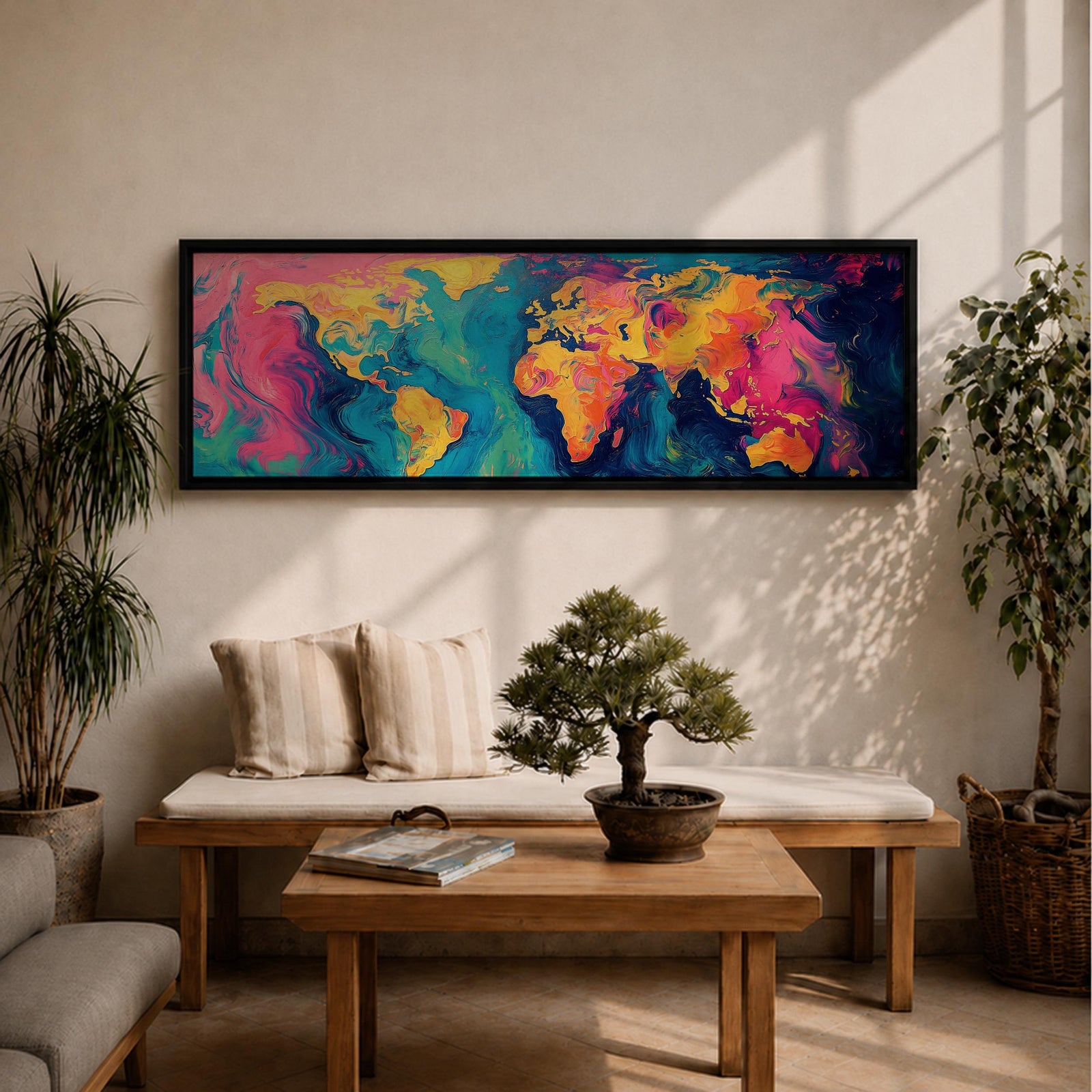 A long panoramic abstract world map painted with swirling fluid colors including vivid pink, turquoise blue, deep navy, and golden yellow. Continents emerge through marbled brush textures and flowing paint patterns, forming a modern global atlas composition across a wide horizontal canvas.