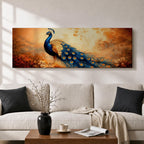 A long panoramic painting of a vibrant peacock standing in an autumn landscape with its long blue and gold tail feathers flowing across the composition. The bird displays detailed eye patterned plumage while warm sunset tones and delicate foliage create a serene nature scene in a wide horizontal format.