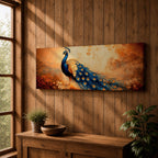A long panoramic painting of a vibrant peacock standing in an autumn landscape with its long blue and gold tail feathers flowing across the composition. The bird displays detailed eye patterned plumage while warm sunset tones and delicate foliage create a serene nature scene in a wide horizontal format.