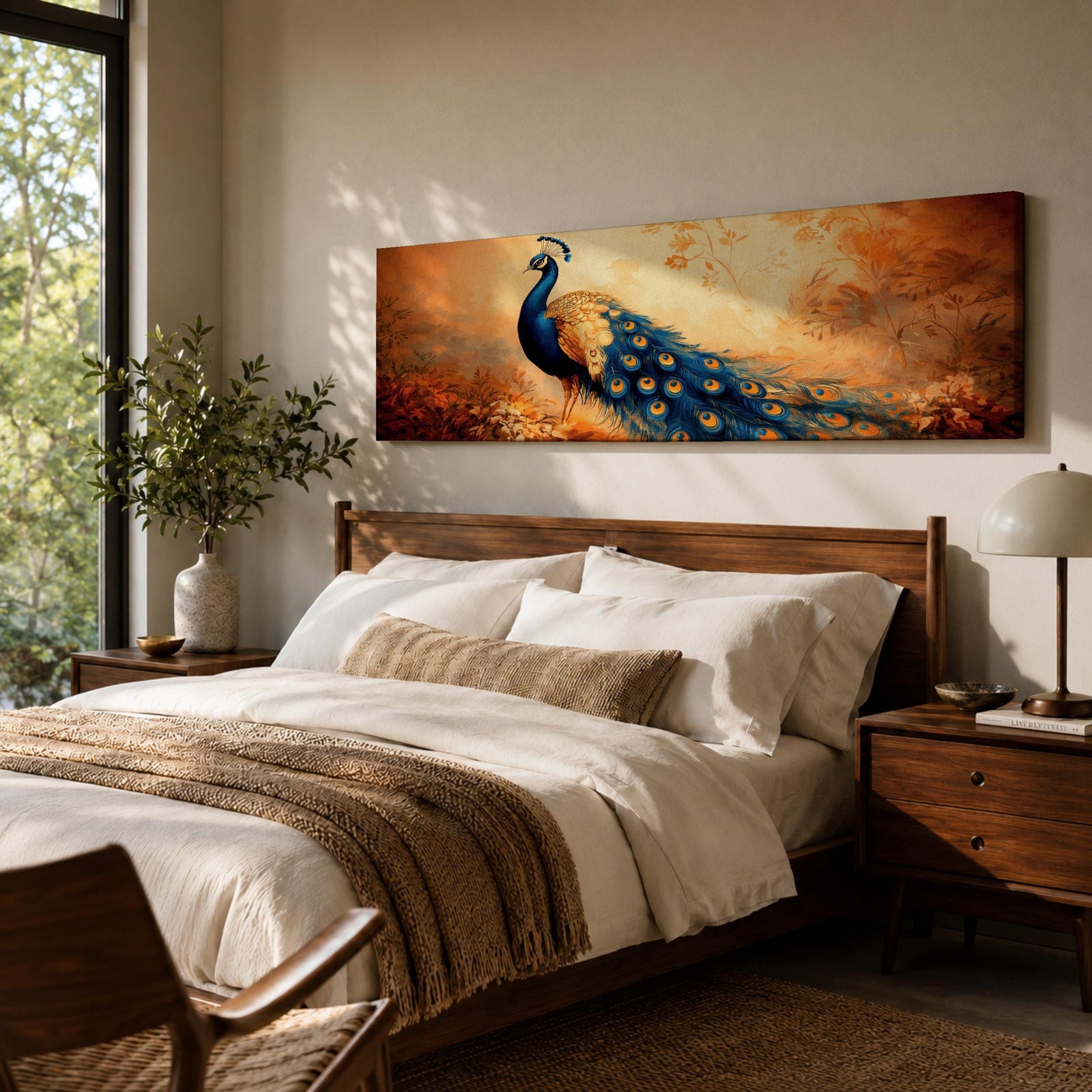 A long panoramic painting of a vibrant peacock standing in an autumn landscape with its long blue and gold tail feathers flowing across the composition. The bird displays detailed eye patterned plumage while warm sunset tones and delicate foliage create a serene nature scene in a wide horizontal format.
