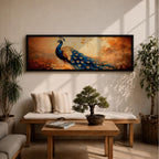 A long panoramic painting of a vibrant peacock standing in an autumn landscape with its long blue and gold tail feathers flowing across the composition. The bird displays detailed eye patterned plumage while warm sunset tones and delicate foliage create a serene nature scene in a wide horizontal format.