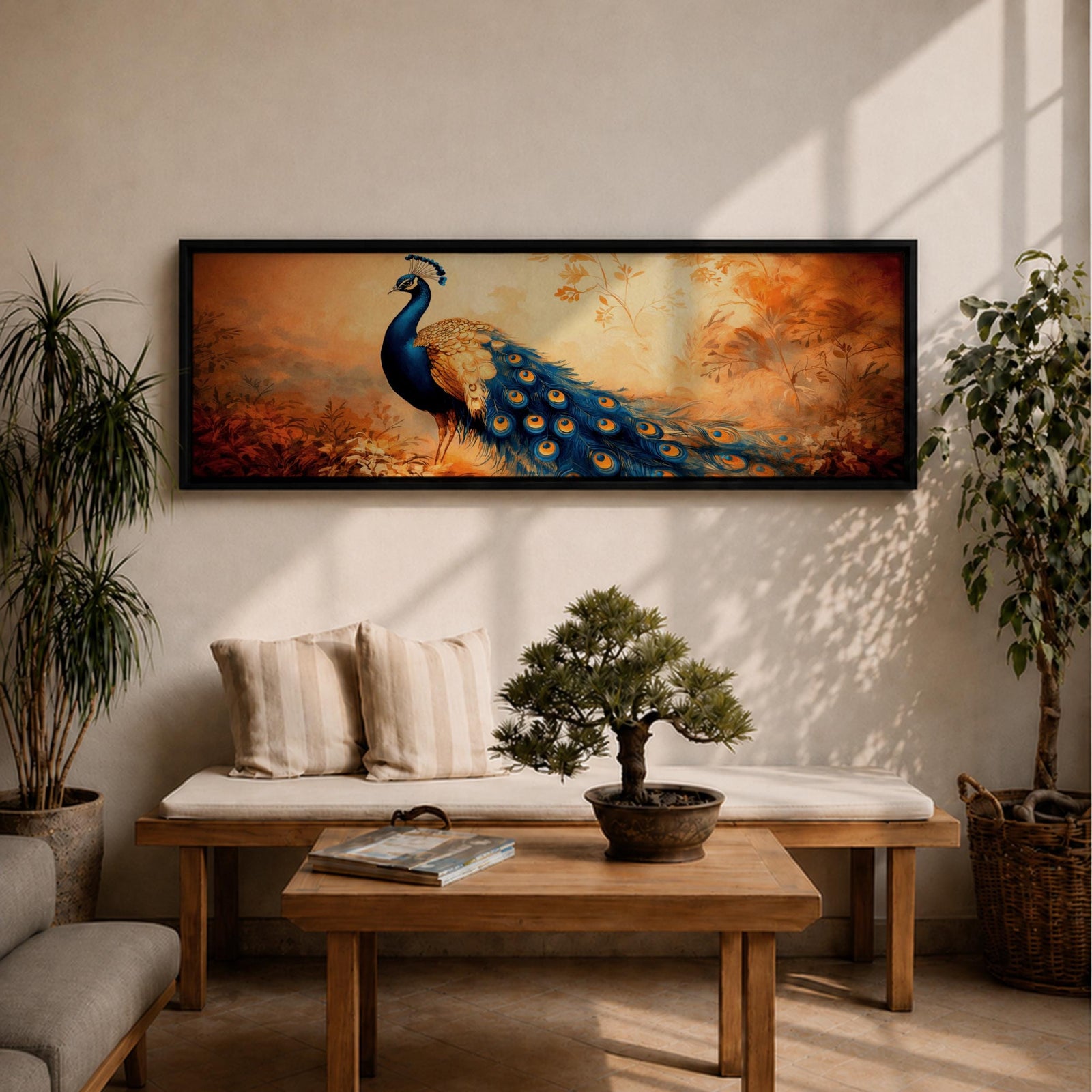 A long panoramic painting of a vibrant peacock standing in an autumn landscape with its long blue and gold tail feathers flowing across the composition. The bird displays detailed eye patterned plumage while warm sunset tones and delicate foliage create a serene nature scene in a wide horizontal format.