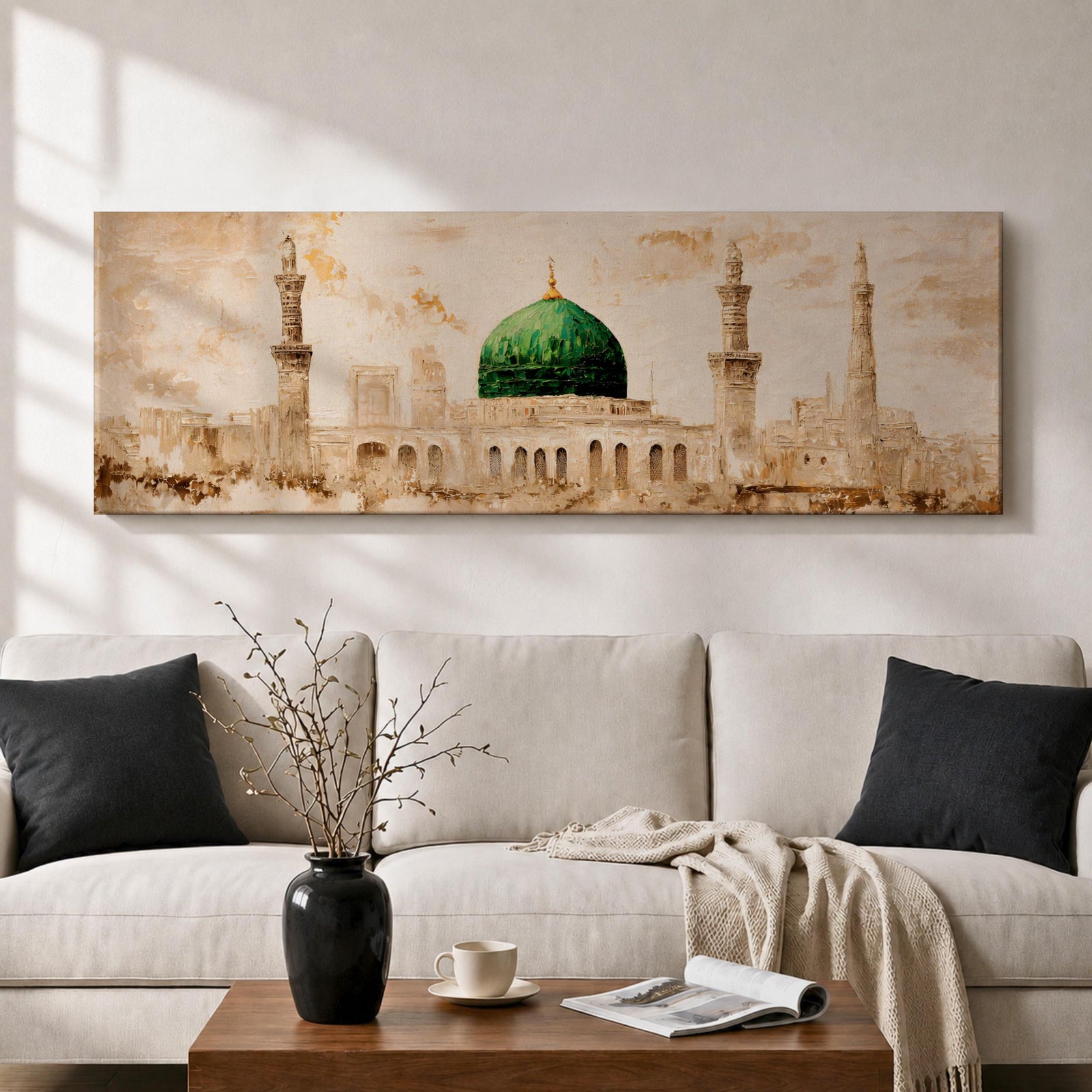 A long panoramic painting of the Green Dome of Masjid Nabawi in Medina rising above elegant mosque arches and courtyards. Tall slender minarets frame the sacred structure while soft beige and golden tones create a historic Islamic architectural scene centered on the iconic green dome in a wide horizontal composition.