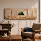 A long panoramic painting of the Green Dome of Masjid Nabawi in Medina rising above elegant mosque arches and courtyards. Tall slender minarets frame the sacred structure while soft beige and golden tones create a historic Islamic architectural scene centered on the iconic green dome in a wide horizontal composition.