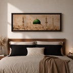 A long panoramic painting of the Green Dome of Masjid Nabawi in Medina rising above elegant mosque arches and courtyards. Tall slender minarets frame the sacred structure while soft beige and golden tones create a historic Islamic architectural scene centered on the iconic green dome in a wide horizontal composition.