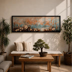 A long panoramic painting of delicate wildflowers and tall meadow grasses growing along a tranquil waterside landscape. Soft pastel tones of blue, peach, and cream blend in the sky while textured stems and blossoms rise across the foreground, creating a calm botanical meadow scene in a wide horizontal composition.