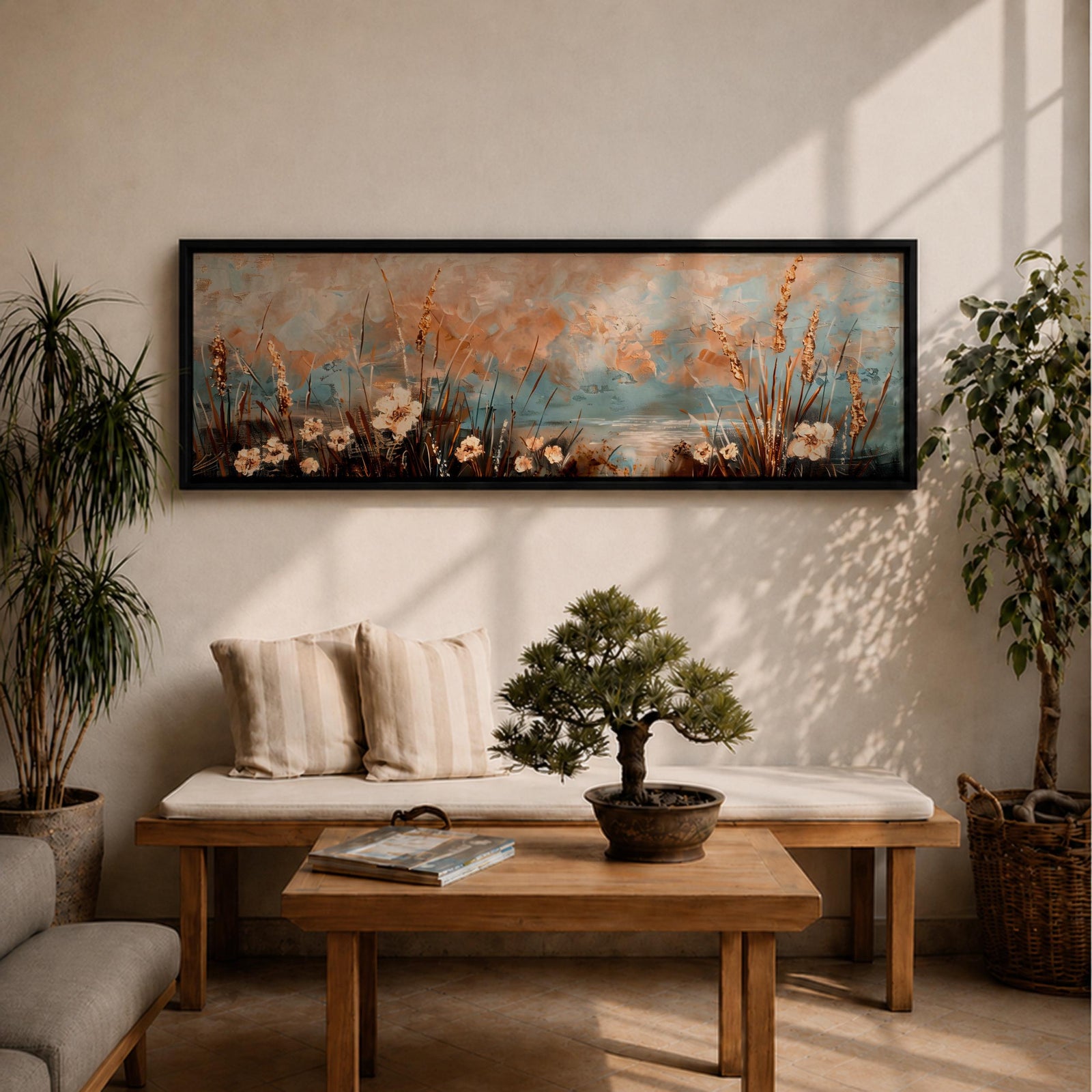 A long panoramic painting of delicate wildflowers and tall meadow grasses growing along a tranquil waterside landscape. Soft pastel tones of blue, peach, and cream blend in the sky while textured stems and blossoms rise across the foreground, creating a calm botanical meadow scene in a wide horizontal composition.