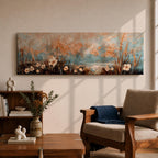 A long panoramic painting of delicate wildflowers and tall meadow grasses growing along a tranquil waterside landscape. Soft pastel tones of blue, peach, and cream blend in the sky while textured stems and blossoms rise across the foreground, creating a calm botanical meadow scene in a wide horizontal composition.