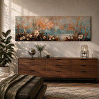 A long panoramic painting of delicate wildflowers and tall meadow grasses growing along a tranquil waterside landscape. Soft pastel tones of blue, peach, and cream blend in the sky while textured stems and blossoms rise across the foreground, creating a calm botanical meadow scene in a wide horizontal composition.