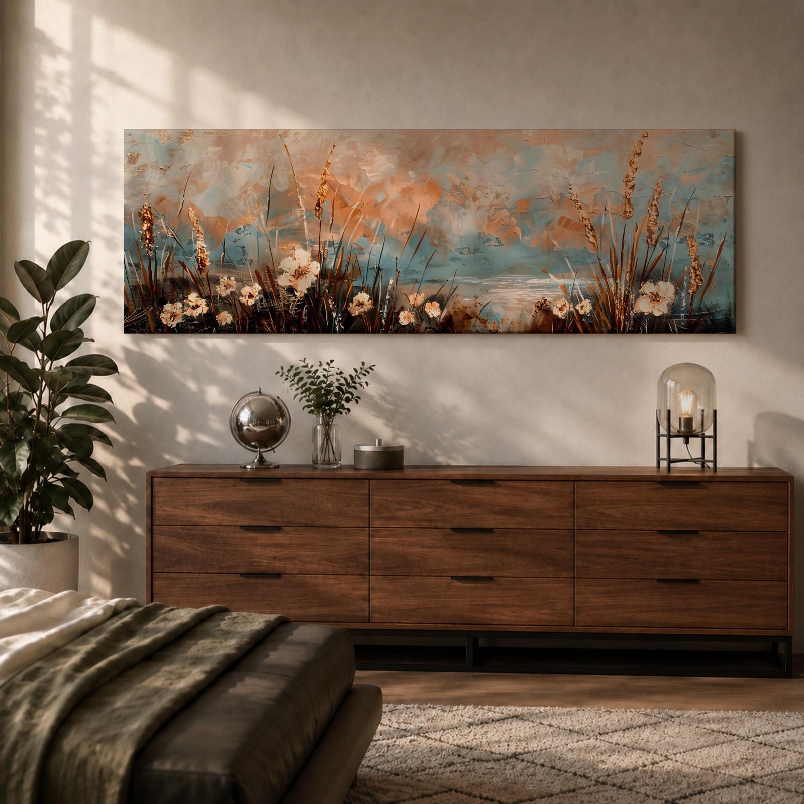 A long panoramic painting of delicate wildflowers and tall meadow grasses growing along a tranquil waterside landscape. Soft pastel tones of blue, peach, and cream blend in the sky while textured stems and blossoms rise across the foreground, creating a calm botanical meadow scene in a wide horizontal composition.