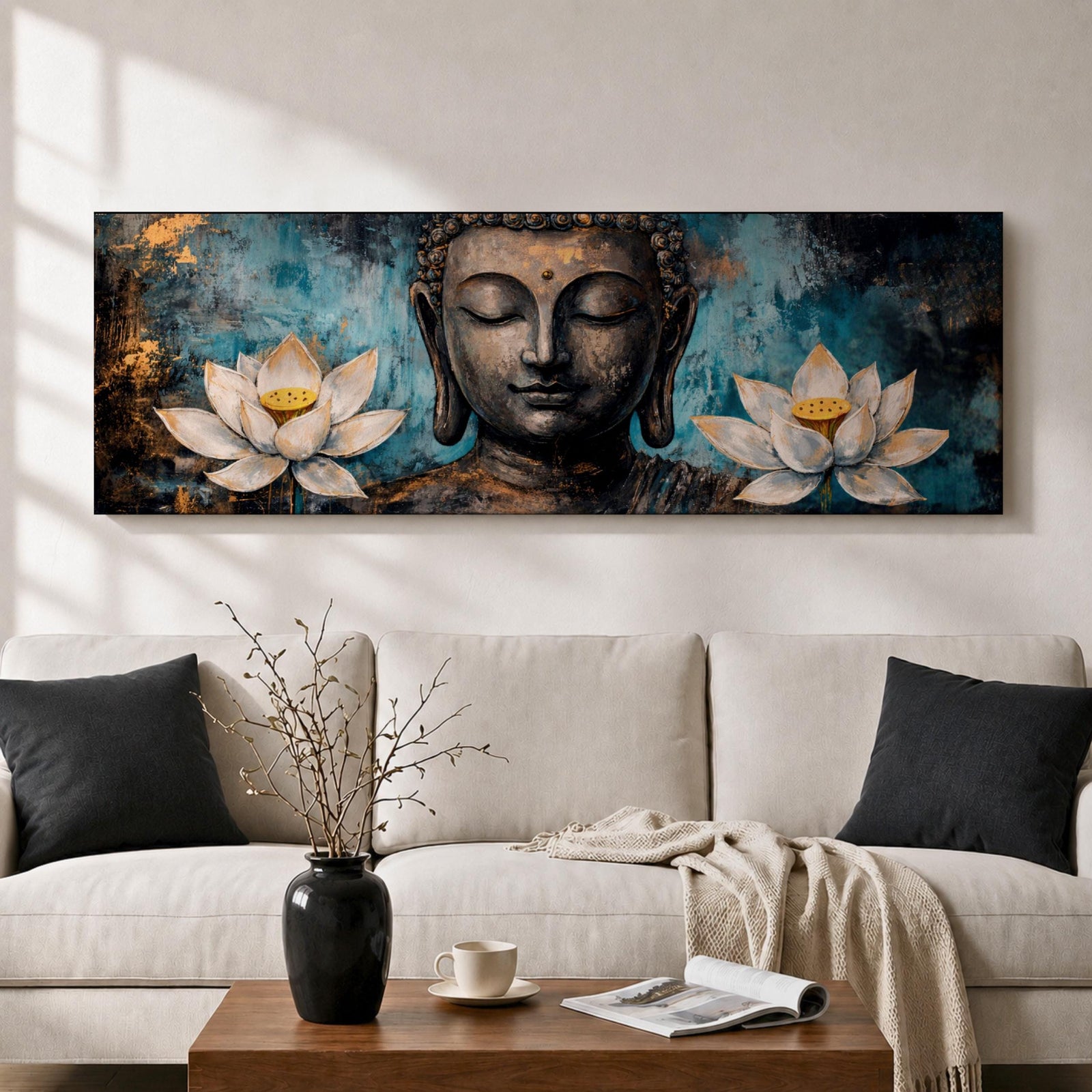 A long panoramic painting featuring a serene Buddha face with closed eyes centered between two blooming white lotus flowers. Rich textured tones of teal, black and gold surround the figure while the lotus blossoms frame the composition, creating a calm meditative Buddhist scene across a wide horizontal canvas.