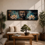 A long panoramic painting featuring a serene Buddha face with closed eyes centered between two blooming white lotus flowers. Rich textured tones of teal, black and gold surround the figure while the lotus blossoms frame the composition, creating a calm meditative Buddhist scene across a wide horizontal canvas.