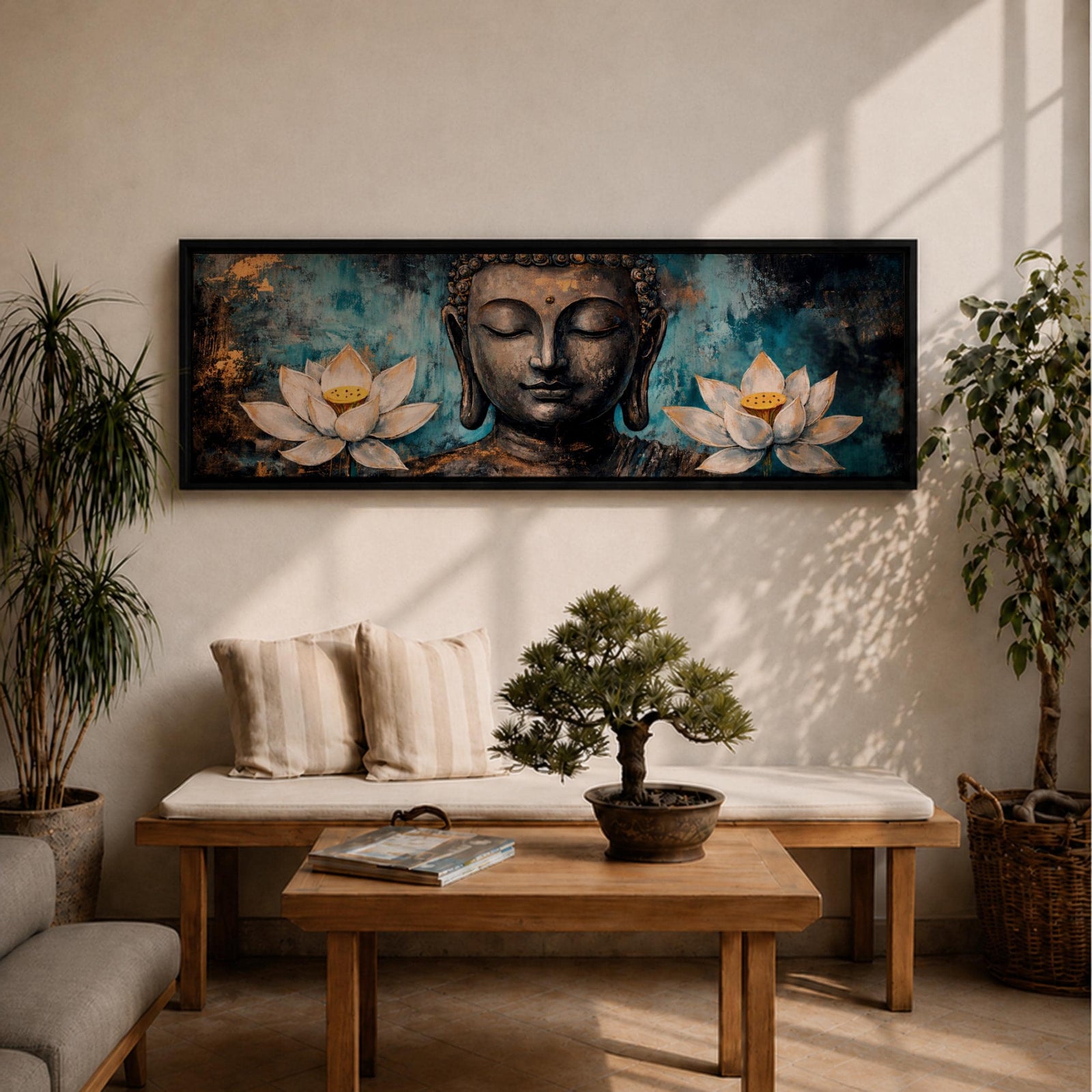 A long panoramic painting featuring a serene Buddha face with closed eyes centered between two blooming white lotus flowers. Rich textured tones of teal, black and gold surround the figure while the lotus blossoms frame the composition, creating a calm meditative Buddhist scene across a wide horizontal canvas.