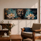 A long panoramic painting featuring a serene Buddha face with closed eyes centered between two blooming white lotus flowers. Rich textured tones of teal, black and gold surround the figure while the lotus blossoms frame the composition, creating a calm meditative Buddhist scene across a wide horizontal canvas.