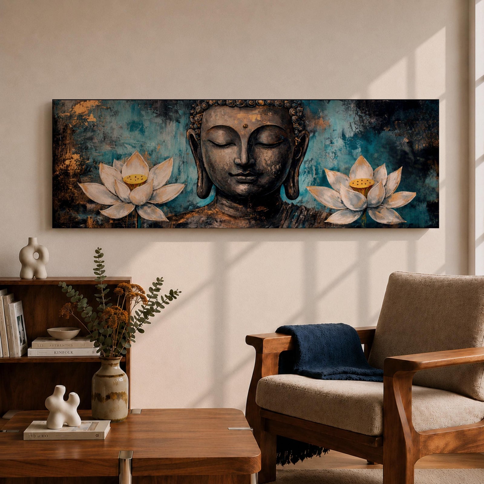 A long panoramic painting featuring a serene Buddha face with closed eyes centered between two blooming white lotus flowers. Rich textured tones of teal, black and gold surround the figure while the lotus blossoms frame the composition, creating a calm meditative Buddhist scene across a wide horizontal canvas.