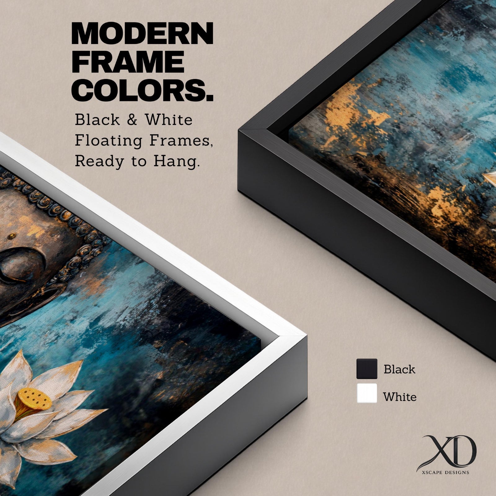 A long panoramic painting featuring a serene Buddha face with closed eyes centered between two blooming white lotus flowers. Rich textured tones of teal, black and gold surround the figure while the lotus blossoms frame the composition, creating a calm meditative Buddhist scene across a wide horizontal canvas.