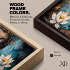 A long panoramic painting featuring a serene Buddha face with closed eyes centered between two blooming white lotus flowers. Rich textured tones of teal, black and gold surround the figure while the lotus blossoms frame the composition, creating a calm meditative Buddhist scene across a wide horizontal canvas.