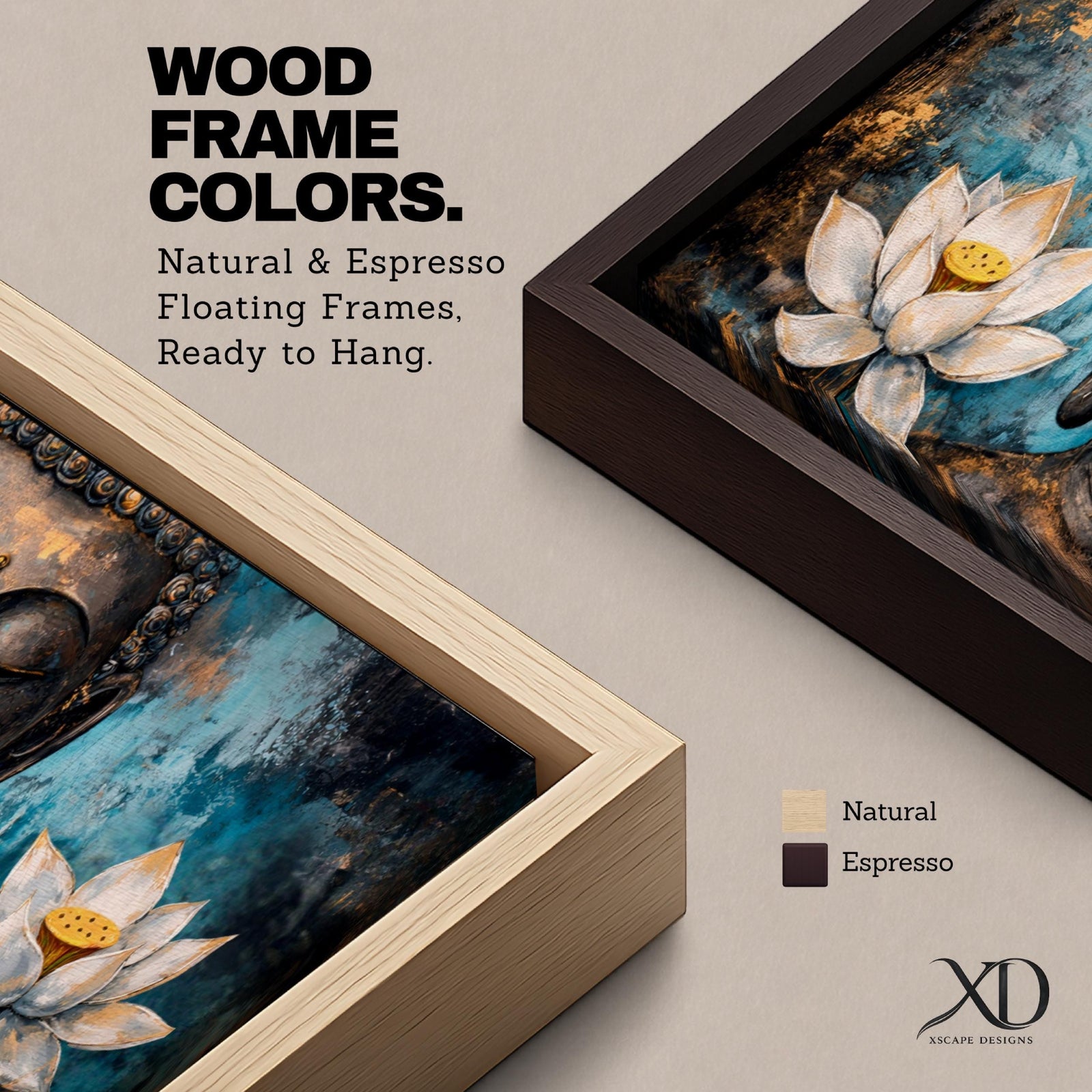 A long panoramic painting featuring a serene Buddha face with closed eyes centered between two blooming white lotus flowers. Rich textured tones of teal, black and gold surround the figure while the lotus blossoms frame the composition, creating a calm meditative Buddhist scene across a wide horizontal canvas.