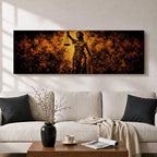 A long panoramic artwork depicting Lady Justice standing with raised scales and a sword, symbolizing law and balance. The classical statue figure is illuminated with dramatic golden light against a dark textured background, creating a powerful legal symbolism scene across a wide horizontal composition.
