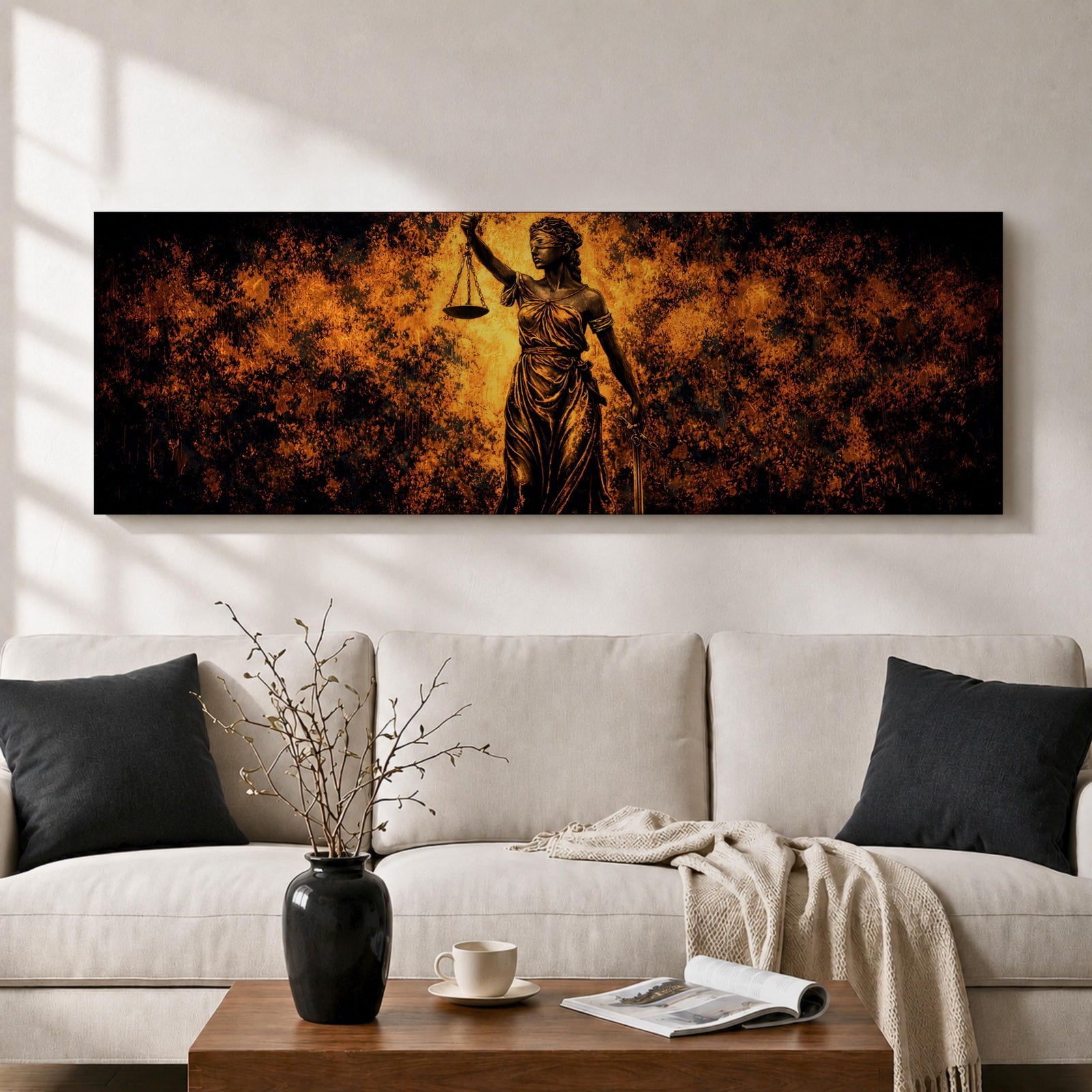 A long panoramic artwork depicting Lady Justice standing with raised scales and a sword, symbolizing law and balance. The classical statue figure is illuminated with dramatic golden light against a dark textured background, creating a powerful legal symbolism scene across a wide horizontal composition.