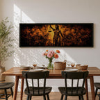 A long panoramic artwork depicting Lady Justice standing with raised scales and a sword, symbolizing law and balance. The classical statue figure is illuminated with dramatic golden light against a dark textured background, creating a powerful legal symbolism scene across a wide horizontal composition.
