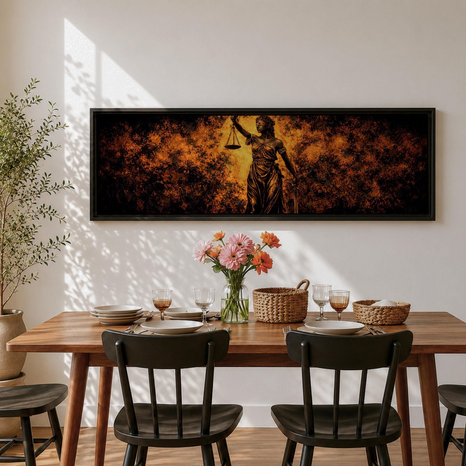 A long panoramic artwork depicting Lady Justice standing with raised scales and a sword, symbolizing law and balance. The classical statue figure is illuminated with dramatic golden light against a dark textured background, creating a powerful legal symbolism scene across a wide horizontal composition.
