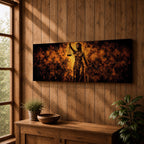 A long panoramic artwork depicting Lady Justice standing with raised scales and a sword, symbolizing law and balance. The classical statue figure is illuminated with dramatic golden light against a dark textured background, creating a powerful legal symbolism scene across a wide horizontal composition.
