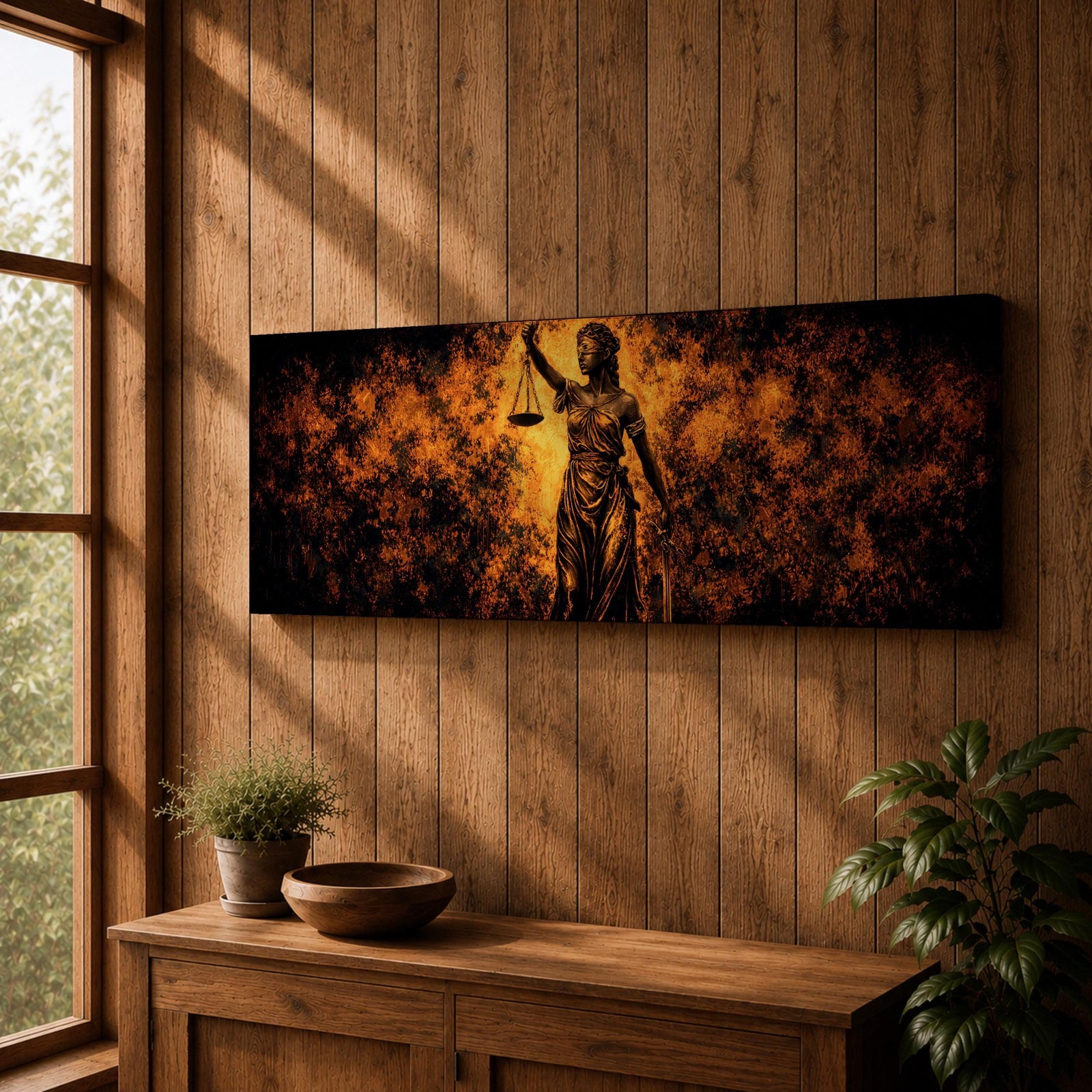 A long panoramic artwork depicting Lady Justice standing with raised scales and a sword, symbolizing law and balance. The classical statue figure is illuminated with dramatic golden light against a dark textured background, creating a powerful legal symbolism scene across a wide horizontal composition.