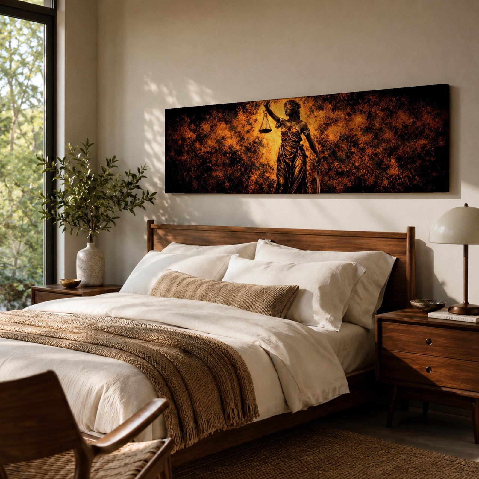 A long panoramic artwork depicting Lady Justice standing with raised scales and a sword, symbolizing law and balance. The classical statue figure is illuminated with dramatic golden light against a dark textured background, creating a powerful legal symbolism scene across a wide horizontal composition.