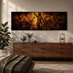 A long panoramic artwork depicting Lady Justice standing with raised scales and a sword, symbolizing law and balance. The classical statue figure is illuminated with dramatic golden light against a dark textured background, creating a powerful legal symbolism scene across a wide horizontal composition.