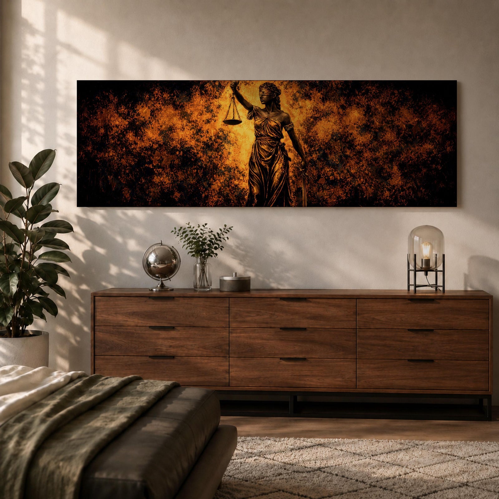 A long panoramic artwork depicting Lady Justice standing with raised scales and a sword, symbolizing law and balance. The classical statue figure is illuminated with dramatic golden light against a dark textured background, creating a powerful legal symbolism scene across a wide horizontal composition.
