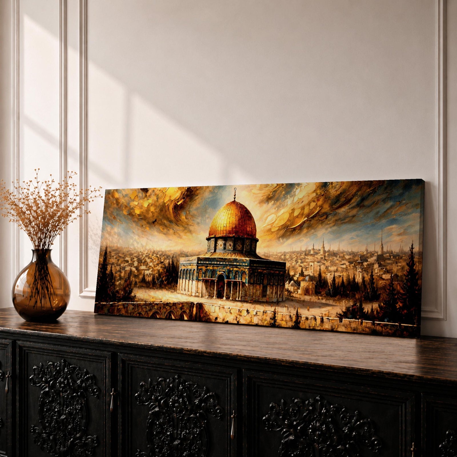 A long panoramic painting of the Al Aqsa compound in Jerusalem featuring the golden Dome of the Rock rising above detailed arches and historic stone structures. The sacred mosque complex stands in the foreground with the Jerusalem skyline extending behind it beneath dramatic golden clouds in a wide horizontal composition.
