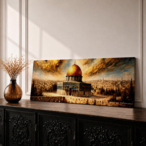 A long panoramic painting of the Al Aqsa compound in Jerusalem featuring the golden Dome of the Rock rising above detailed arches and historic stone structures. The sacred mosque complex stands in the foreground with the Jerusalem skyline extending behind it beneath dramatic golden clouds in a wide horizontal composition.