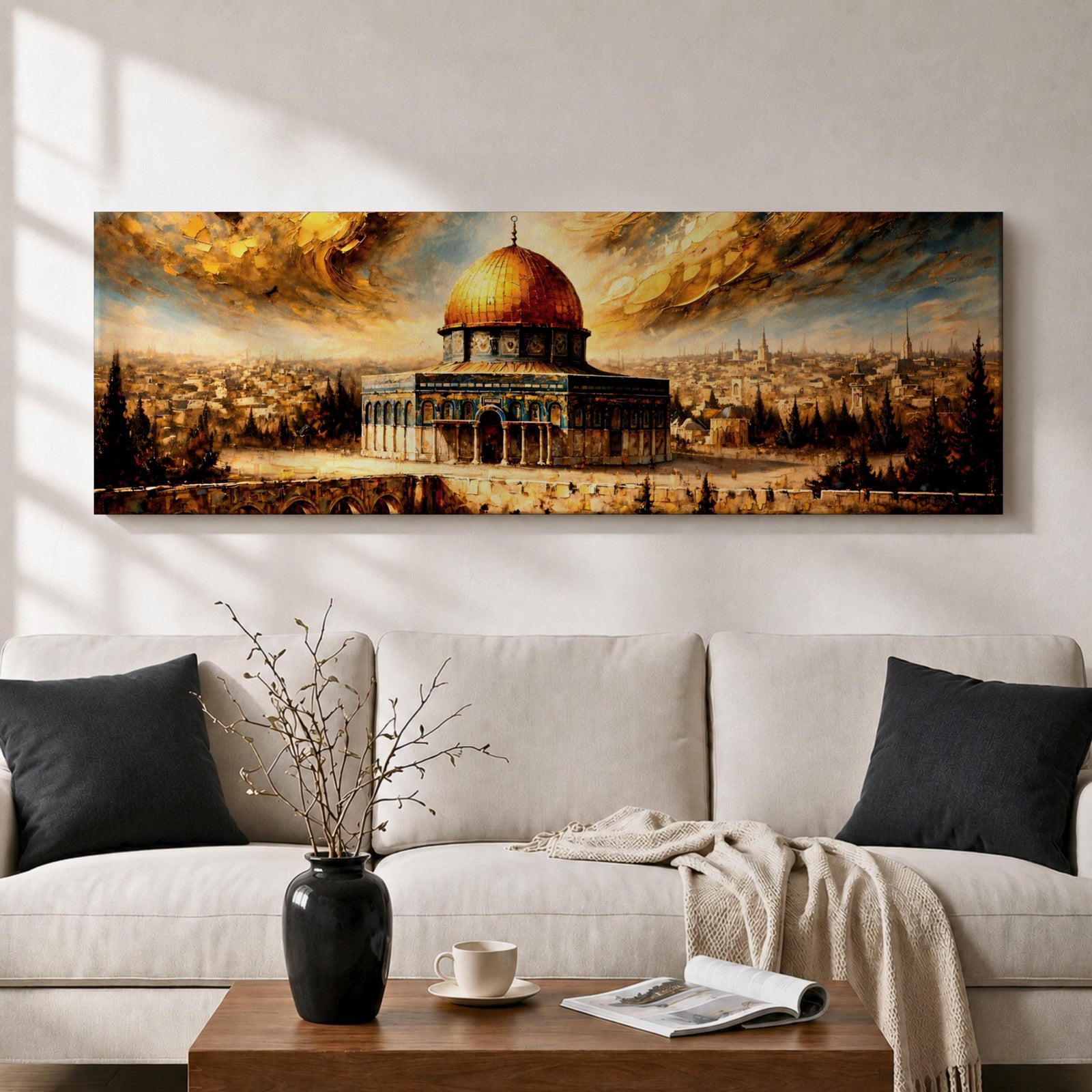 A long panoramic painting of the Al Aqsa compound in Jerusalem featuring the golden Dome of the Rock rising above detailed arches and historic stone structures. The sacred mosque complex stands in the foreground with the Jerusalem skyline extending behind it beneath dramatic golden clouds in a wide horizontal composition.