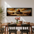 A long panoramic painting of the Al Aqsa compound in Jerusalem featuring the golden Dome of the Rock rising above detailed arches and historic stone structures. The sacred mosque complex stands in the foreground with the Jerusalem skyline extending behind it beneath dramatic golden clouds in a wide horizontal composition.