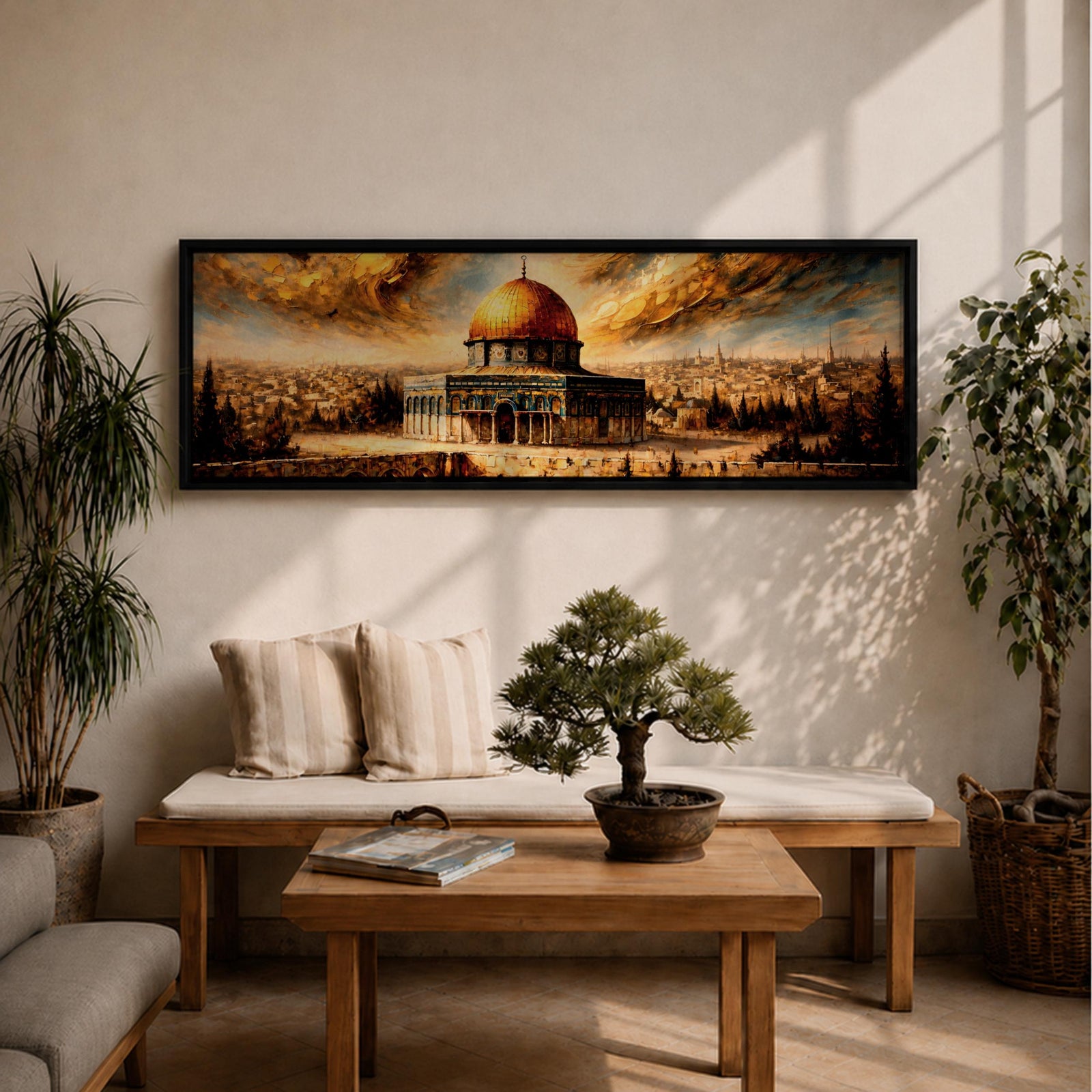 A long panoramic painting of the Al Aqsa compound in Jerusalem featuring the golden Dome of the Rock rising above detailed arches and historic stone structures. The sacred mosque complex stands in the foreground with the Jerusalem skyline extending behind it beneath dramatic golden clouds in a wide horizontal composition.