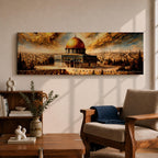 A long panoramic painting of the Al Aqsa compound in Jerusalem featuring the golden Dome of the Rock rising above detailed arches and historic stone structures. The sacred mosque complex stands in the foreground with the Jerusalem skyline extending behind it beneath dramatic golden clouds in a wide horizontal composition.