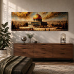 A long panoramic painting of the Al Aqsa compound in Jerusalem featuring the golden Dome of the Rock rising above detailed arches and historic stone structures. The sacred mosque complex stands in the foreground with the Jerusalem skyline extending behind it beneath dramatic golden clouds in a wide horizontal composition.