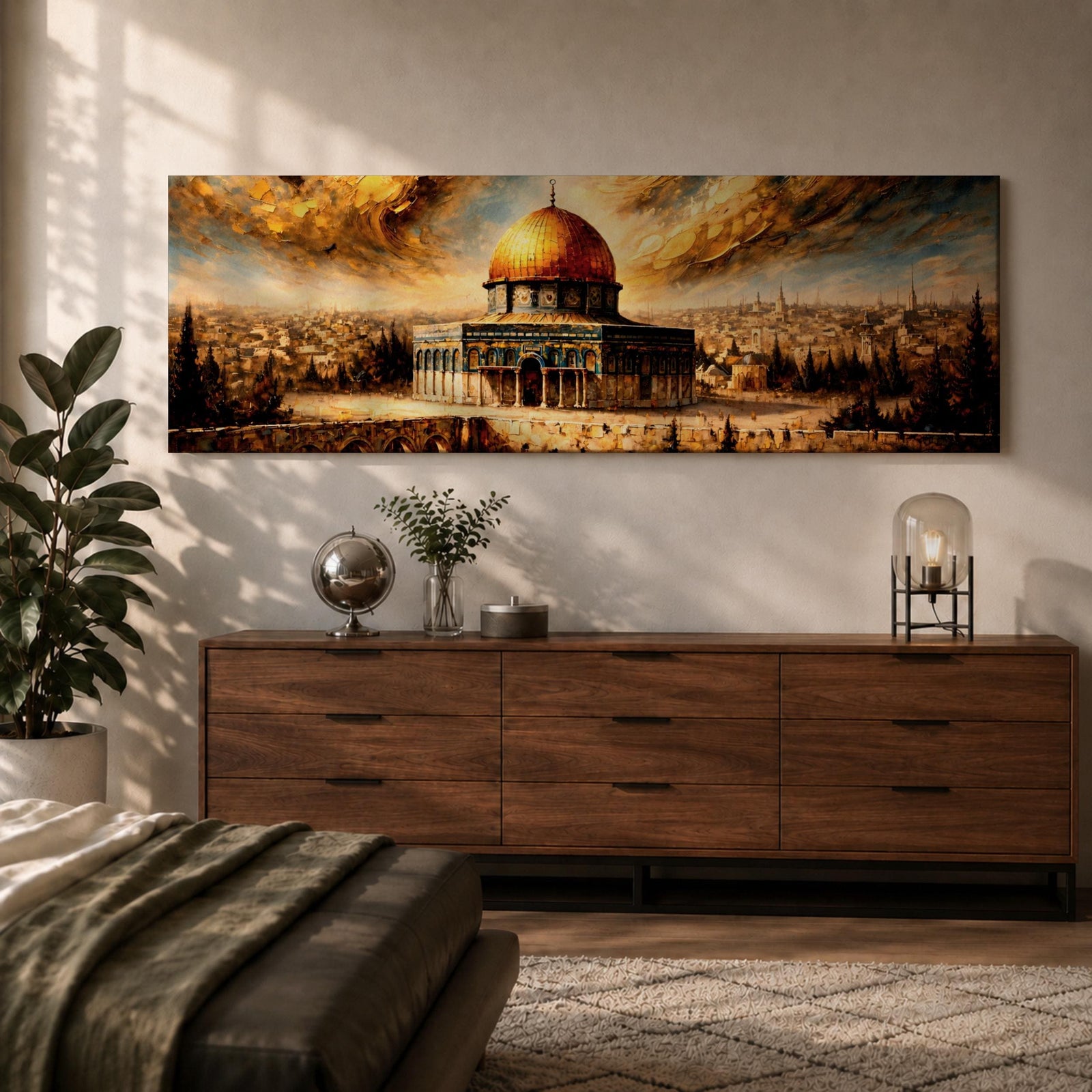 A long panoramic painting of the Al Aqsa compound in Jerusalem featuring the golden Dome of the Rock rising above detailed arches and historic stone structures. The sacred mosque complex stands in the foreground with the Jerusalem skyline extending behind it beneath dramatic golden clouds in a wide horizontal composition.
