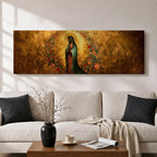 A long panoramic artwork depicting Our Lady of Guadalupe standing in prayer with folded hands and bowed head. She wears a green star covered mantle over a rose colored gown and is surrounded by radiant golden rays and a wreath of vibrant flowers, forming a traditional Catholic Marian image in a wide horizontal composition.