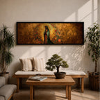 A long panoramic artwork depicting Our Lady of Guadalupe standing in prayer with folded hands and bowed head. She wears a green star covered mantle over a rose colored gown and is surrounded by radiant golden rays and a wreath of vibrant flowers, forming a traditional Catholic Marian image in a wide horizontal composition.