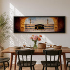 A long panoramic artwork depicting the Kaaba at the center of Masjid Al Haram in Mecca framed by grand mosque arches and tall minarets. The sacred black cube stands in the courtyard while pilgrims gather around it, creating a wide horizontal composition highlighting the holy Islamic sanctuary.