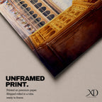 A long panoramic artwork depicting the Kaaba at the center of Masjid Al Haram in Mecca framed by grand mosque arches and tall minarets. The sacred black cube stands in the courtyard while pilgrims gather around it, creating a wide horizontal composition highlighting the holy Islamic sanctuary.