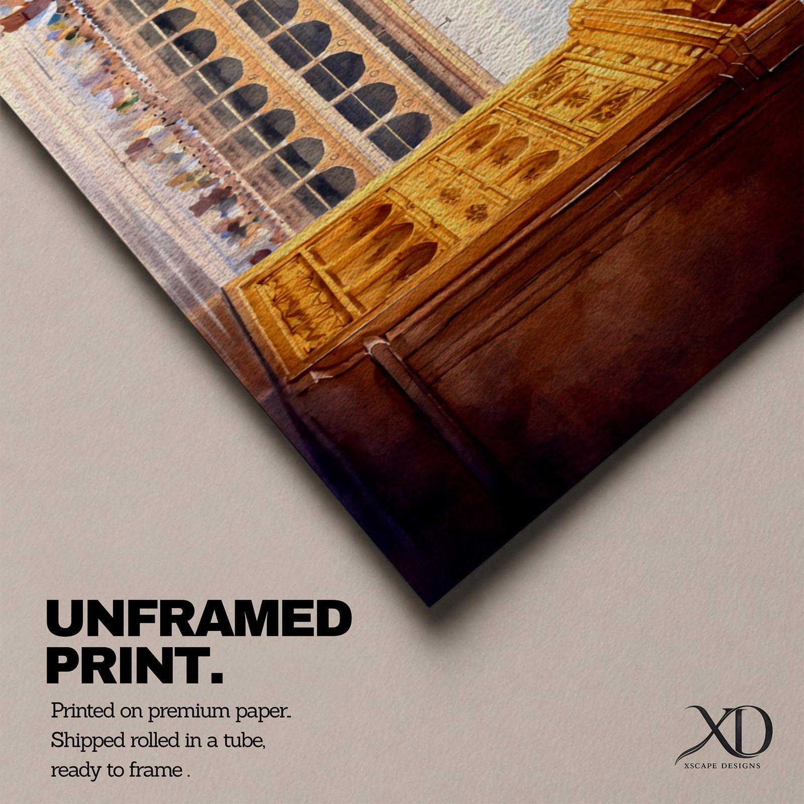 A long panoramic artwork depicting the Kaaba at the center of Masjid Al Haram in Mecca framed by grand mosque arches and tall minarets. The sacred black cube stands in the courtyard while pilgrims gather around it, creating a wide horizontal composition highlighting the holy Islamic sanctuary.